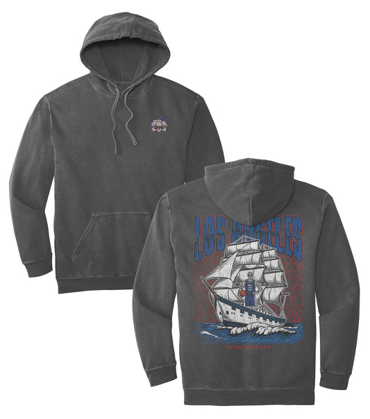 a gray sweatshirt with a picture of a ship on it